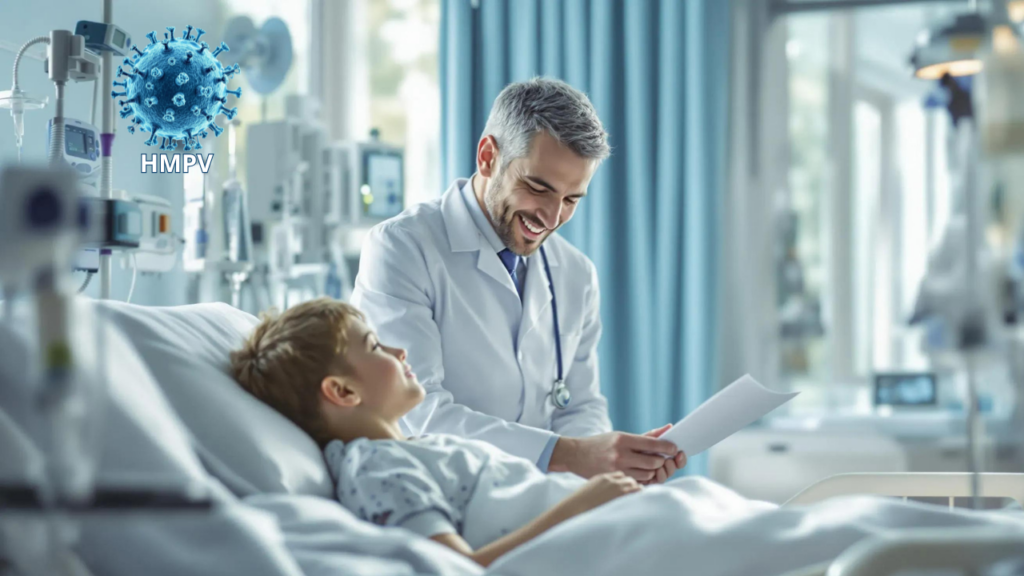 A compassionate doctor attends to a young patient in a brightly lit, modern hospital room. The child, resting comfortably in bed, is connected to a pulse oximeter. The doctor, wearing a warm smile, gently explains the treatment plan, emphasizing the importance of hydration.