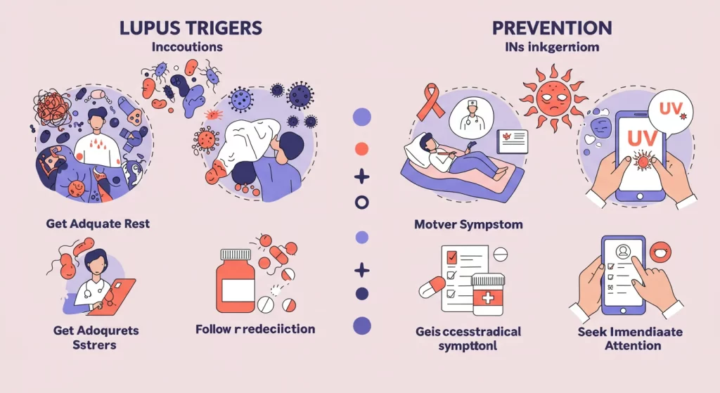 Lupus flares can be triggered by stress, infections, or exposure to ultraviolet (UV) light. To minimize flare severity, individuals should: